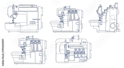 Sewing Machine and Overlocker CAD Blueprint Vector – Textile Equipment Technical Multiview Blue Outline Drawing
