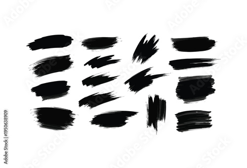 Collection of eighteen distinct messy black ink or paint brush stroke elements perfect for artistic graphic design projects on transparent background