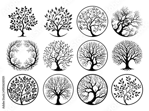 Tree of life silhouette icon set Collection of abstract circular tree logos for nature wellness or family concepts Vector illustration