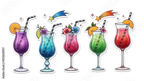 Colorful cocktail beverages in elegant glassware isolated on white background