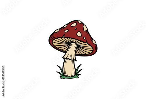A vibrant cartoon vector illustration featuring a classic red toadstool mushroom with white spots and a light stem, standing in green grass, perfect for nature-themed graphic design projects 
