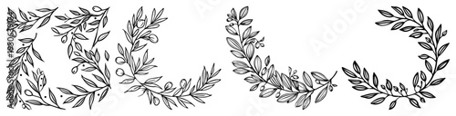 Set of hand drawn floral wreaths and corners Collection of botanical borders for wedding invitation or logo design Vector sketch illustration
