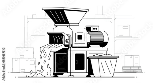 Industrial machine with funnel and bucket.