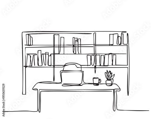 Hand drawn home office room interior sketch. Sofa, table and bookshelves