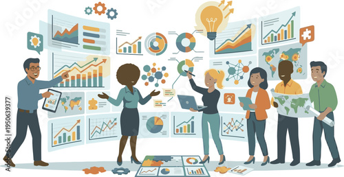 Team of experts analyzing workflow and system process diagrams