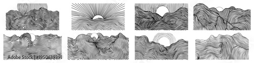 Abstract mountain landscape line art set Collection of hand drawn wavy illustrations with sun for logo and nature design Vector