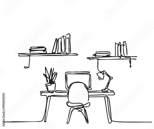 Hand drawn home office room interior sketch. Sofa, table and bookshelves