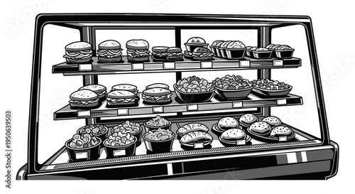 Variety of donuts on display shelf.