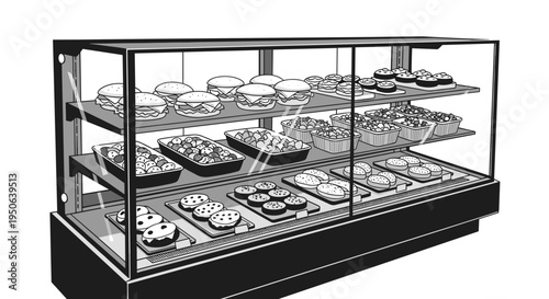 Variety of donuts in display case.