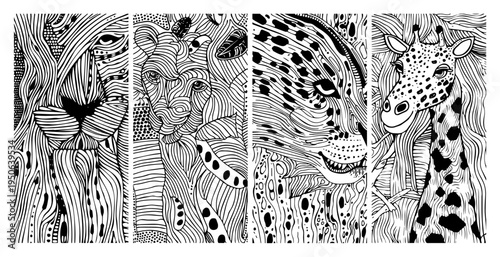 Safari Animal Portraits Line Art Set Lion Leopard Giraffe Abstract Doodle Vector