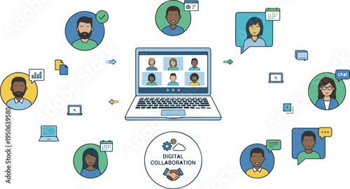 Diverse professionals exchanging ideas with colorful speech bubbles