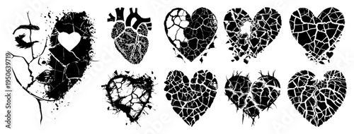 Broken heart silhouette and icon set Collection of grunge shattered love symbols for heartbreak concept Vector illustration