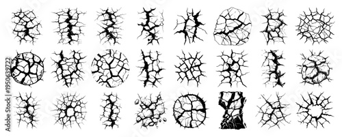 Cracked texture and ground cracks set Collection of grunge fissures and broken surface effects for design Vector illustration