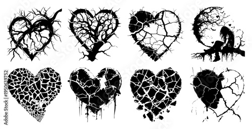 Set of broken heart silhouettes Collection of cracked grunge and shattered love symbols for heartbreak design Vector illustration