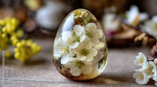 Decorative keepsake egg encasing delicate white blossoms rests upon a textured surface surrounded by spring foliage