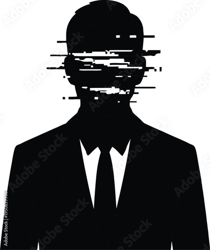 Silhouette of man in suit with glitch effect disturbing face abstract digital art