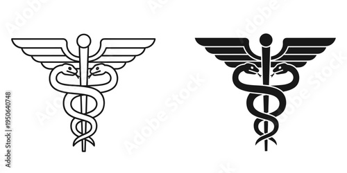 medical caduceus and pharmacy mortar symbols flat design vector illustration