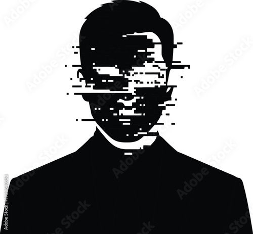 Silhouette of man in suit with glitch effect on face abstract digital art