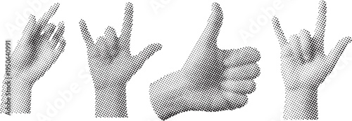 Halftone hand gestures with fingers pointing up or sideways in various positions