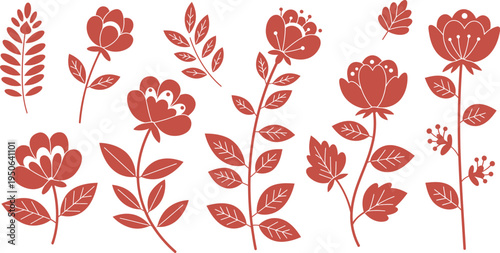 Red flowers and leaves on white background in vintage floral pattern design