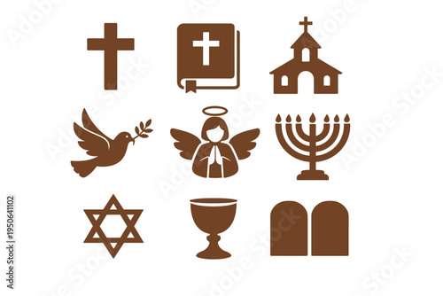 Set of brown religious icons featuring Christian and Jewish symbols including a cross, holy bible, church building, peace dove, praying angel, menorah, star of david, chalice, and commandments.