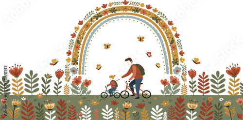 Man riding bicycle with child on path through colorful flowers under rainbow arch