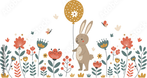 Whimsical illustration of a rabbit holding a balloon in a colorful garden with flowers and butterflies