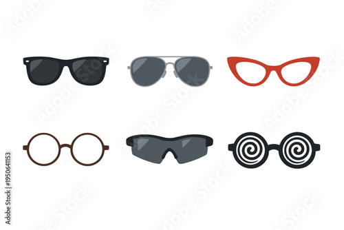 Collection of six flat vector glasses and sunglasses icons including classic wayfarer, aviator, vintage red cat eye, round spectacles, modern sport shield, and fun hypnotic spiral party frames.