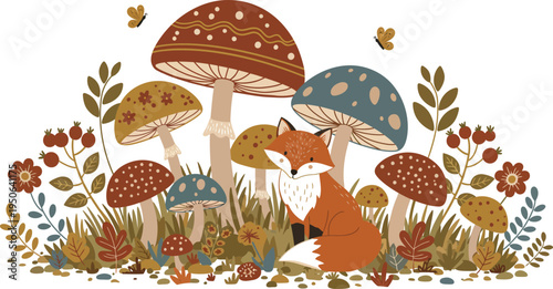 Whimsical illustration of a fox amidst colorful mushrooms and foliage in a forest clearing scene