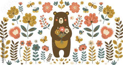 Brown bear standing surrounded by colorful flowers and foliage on white background