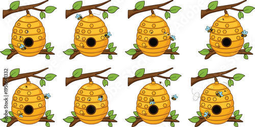 Beehive with bees cartoon vector set, cute honey bee house on tree branch, beekeeping illustration collection isolated