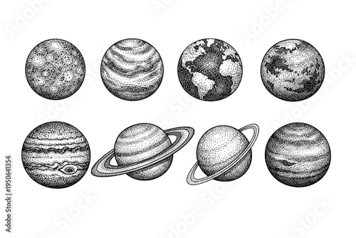 Set of Solar System Planets in Vintage Hand Drawn Stippling Dotwork Style, Including Mercury Venus Earth Mars Jupiter Saturn Uranus and Neptune, Vector Illustration for Science and Astronomy Art