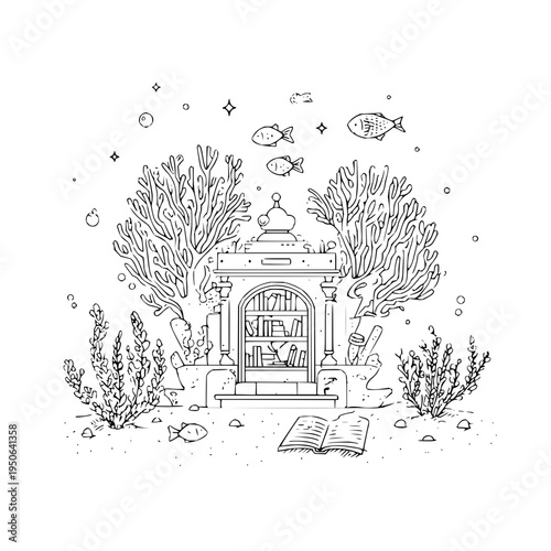 Underwater Library with Coral Reef and Fish