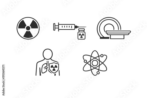 Comprehensive set of minimalist line icons representing nuclear medicine and radiation safety including a radiation symbol, radiopharmaceutical syringe, MRI scanner, patient protection, and atom.
