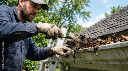 Cleaning roof gutters with professional worker removing debris and leaves from gutter system. Roofer utilizes tools to ensure proper water drainage