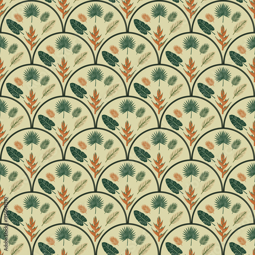 Hand drawn tropical leaves and heliconia in an art deco scalloped seamless pattern