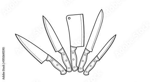 Collection of kitchen knives and blades.