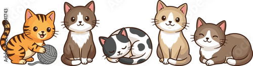 cute cartoon cat collection, adorable kitten characters playing and sleeping, domestic pet vector illustration, kawaii animal mascot clipart