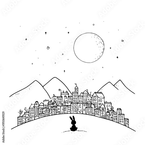 Rabbit Watching Moon over Cityscape with Mountains