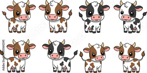 Cute cow cartoon character set, kawaii farm animal mascot collection, adorable dairy cattle vector illustration isolated for kids design