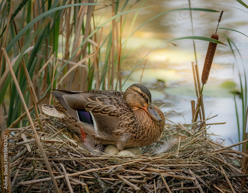Mother Duck Nesting on Eggs in Reeds.
