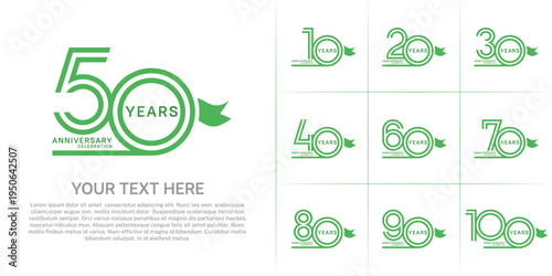 Anniversary logo style double line number set with ribbon. green color on white background for celebration event