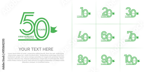 Anniversary logo style double line number set with ribbon. green color on white background for celebration event