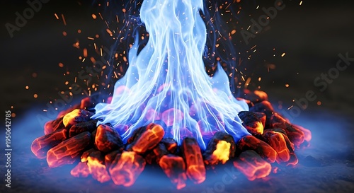 Glowing, stylized embers form a pile, surmounted by a blue flame with sparks