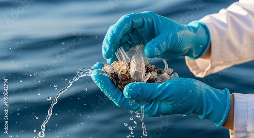 Hands in gloves holding polluted oysters over water.