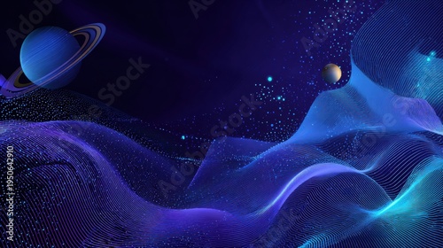 Abstract digital landscape with planet and nebula in deep space
