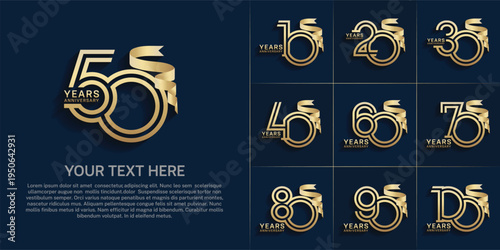 Anniversary logo style double line number set. gold color and ribbon for celebration event