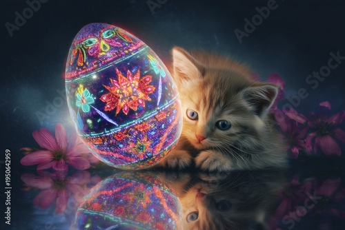 Festive whiskers: adorable kitten celebrates easter with an egg. Corporate finance. Enchanting kitten with vibrant easter egg and floral accents. Budget planning. Market forecast.