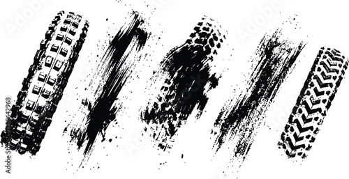 Diagonal tire tracks and black paint splatters on transparent grid background