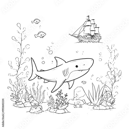 Shark Swimming Underwater near Sunken Ship with Seaweed